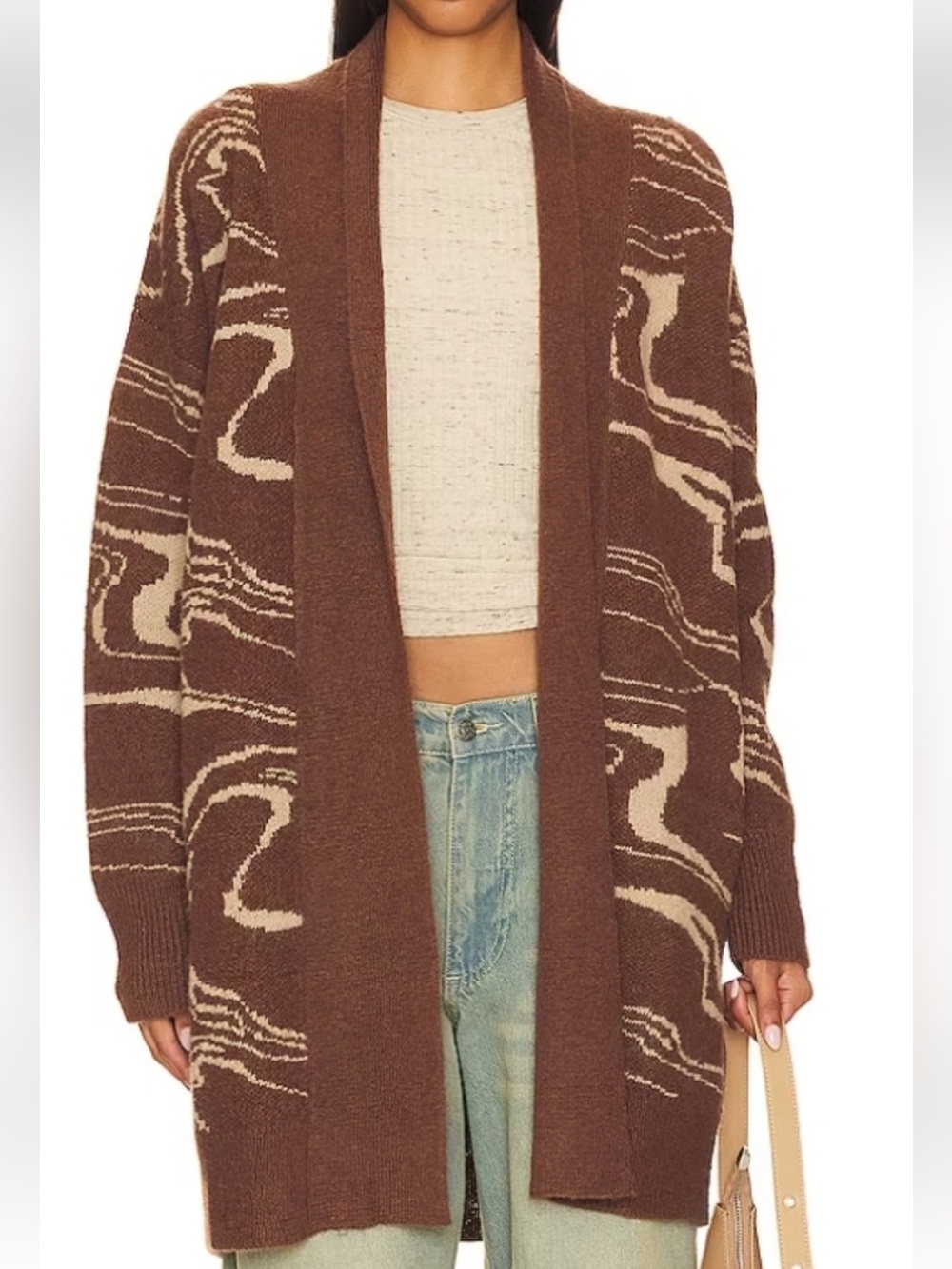 ASTR the Label Vada Longline Open Front Knit Cardigan-Brown & Cream - Size Med